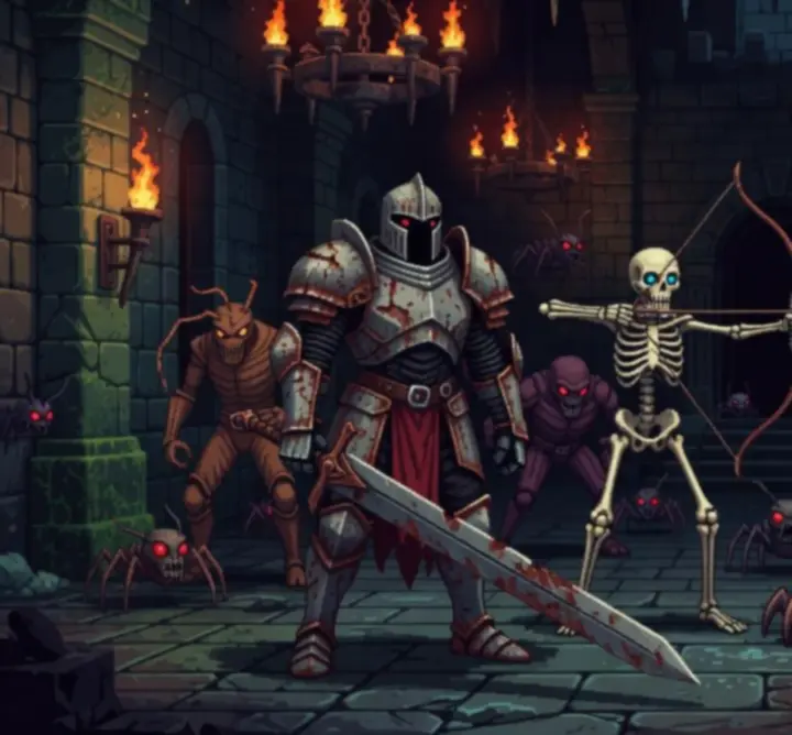 Różne typy przeciwników w Dead Cells przedstawione w stylu pixel art, demonstrujące zróżnicowanie wyzwań