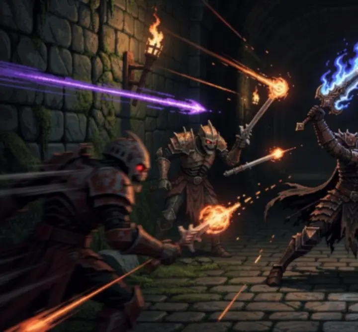 Bohater Dead Cells wykonujący unik podczas intensywnej walki