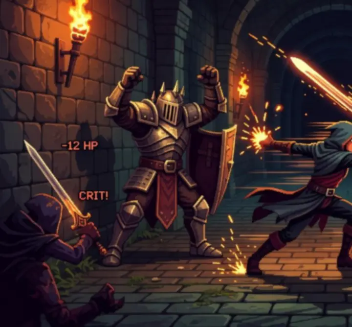 Intensywna walka w Dead Cells przedstawiona w stylu pixel art, bohater kontra grupa wrogów