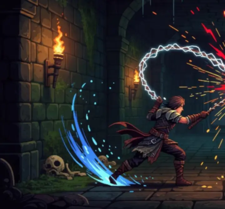 Intensywna walka w Dead Cells przedstawiona w stylu pixel art z wieloma wrogami i efektami