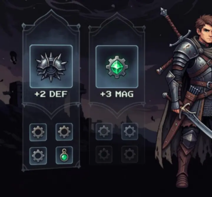 Postać w Dead Cells w stylu pixel art z podświetlonym ekwipunkiem, symbolizująca budowanie buildów