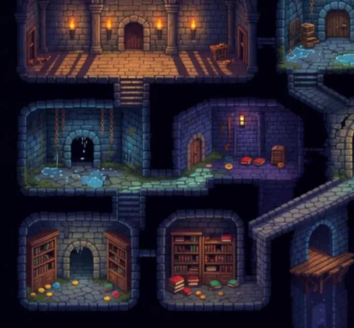 Złożony układ komnat w stylu pixel art, symbolizujący zróżnicowane poziomy Dead Cells