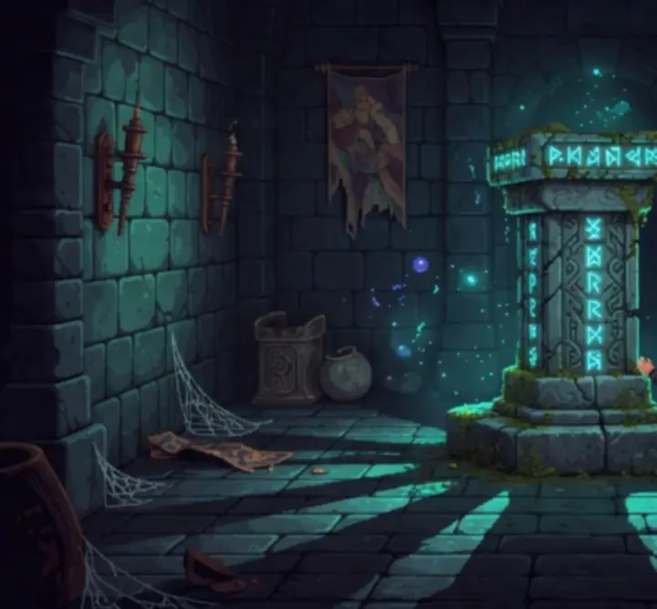 Komnata z runami w mrocznym zamku Dead Cells, oświetlona fantastycznym blaskiem