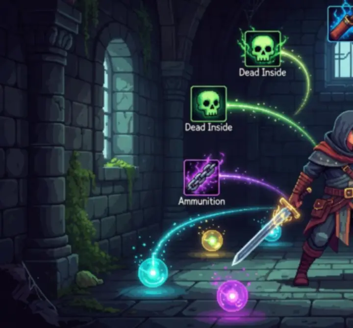 Pikselowa ilustracja synergii broni i mutacji w mrocznym interfejsie Dead Cells